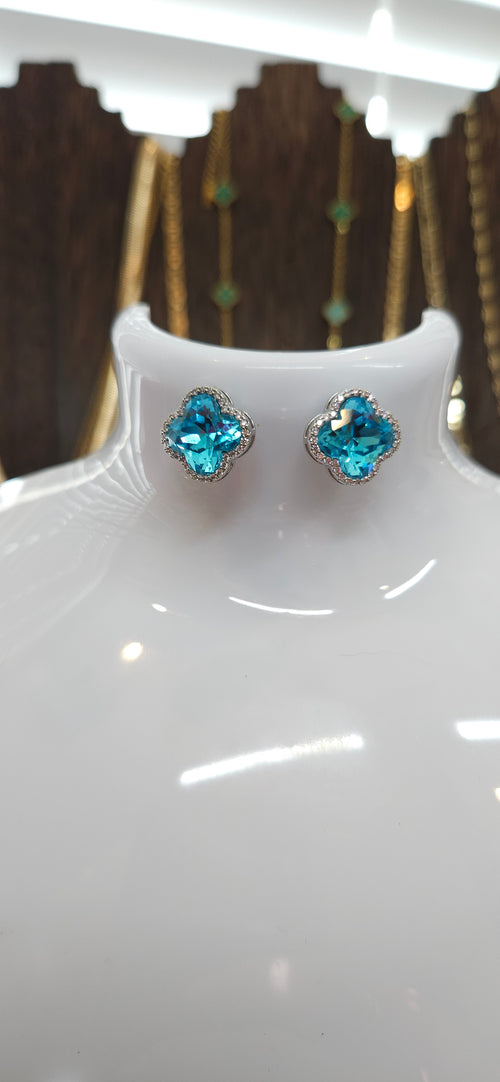 18k White Gold Filled Bright Blue AAA CZ Clover Stud Earrings