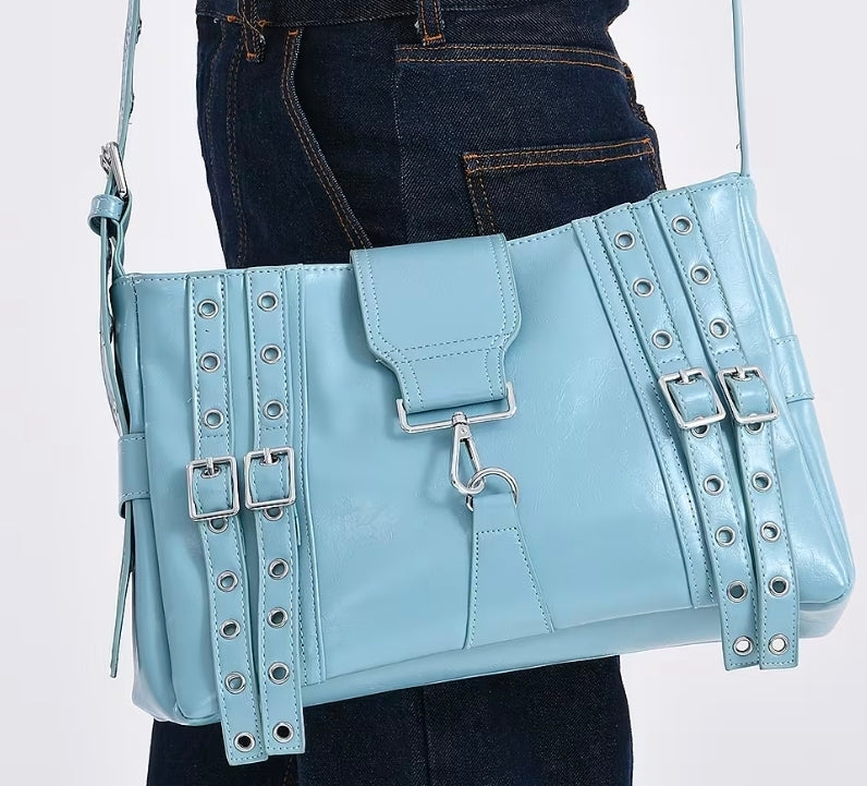 Blue Vegan Leather Crossbody Bag with Buckled
