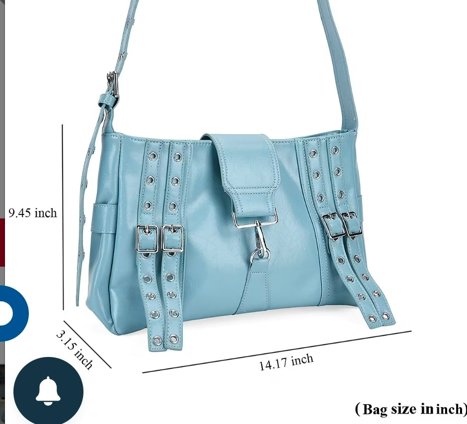 Blue Vegan Leather Crossbody Bag with Buckled