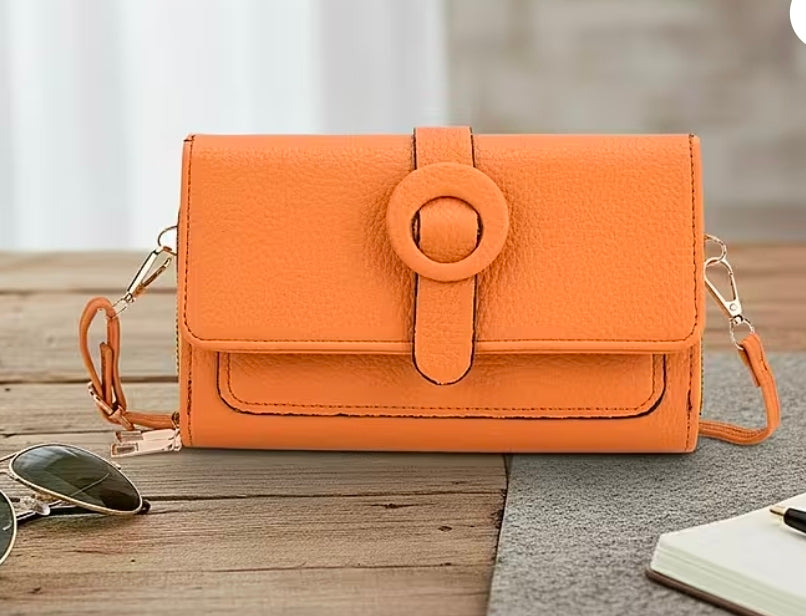 Orange Solid Faux Leather Crossbody Wallet with Shoulder Strap
