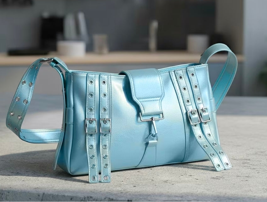 Blue Vegan Leather Crossbody Bag with Buckled