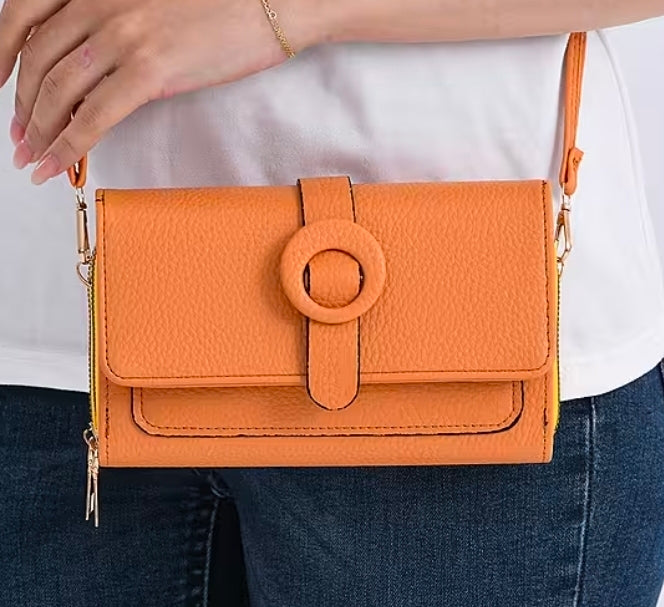 Orange Solid Faux Leather Crossbody Wallet with Shoulder Strap