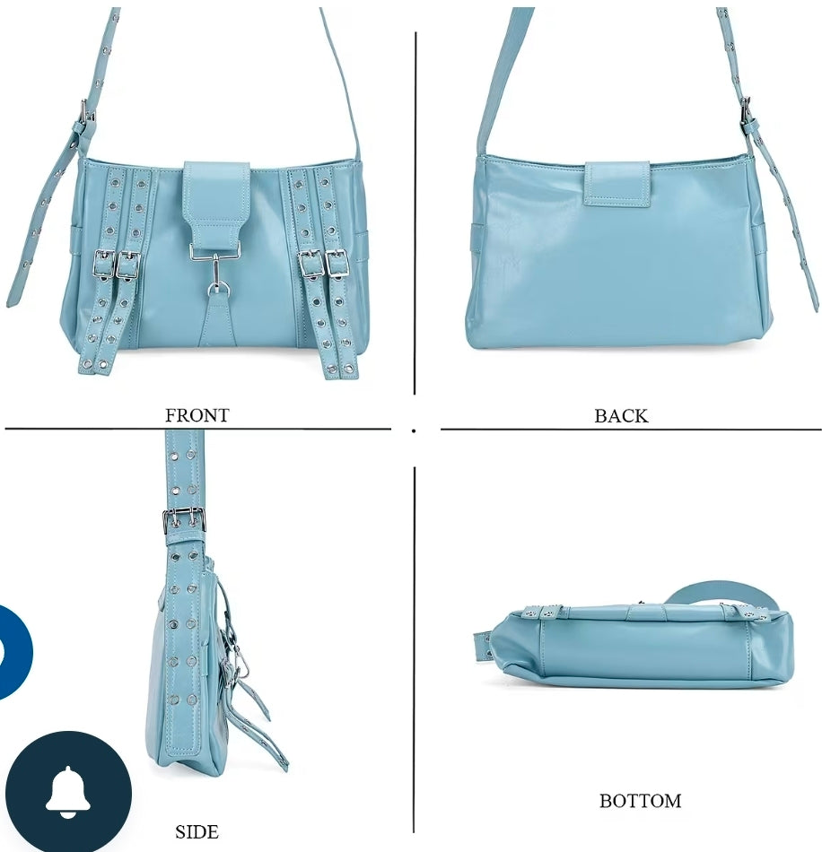 Blue Vegan Leather Crossbody Bag with Buckled