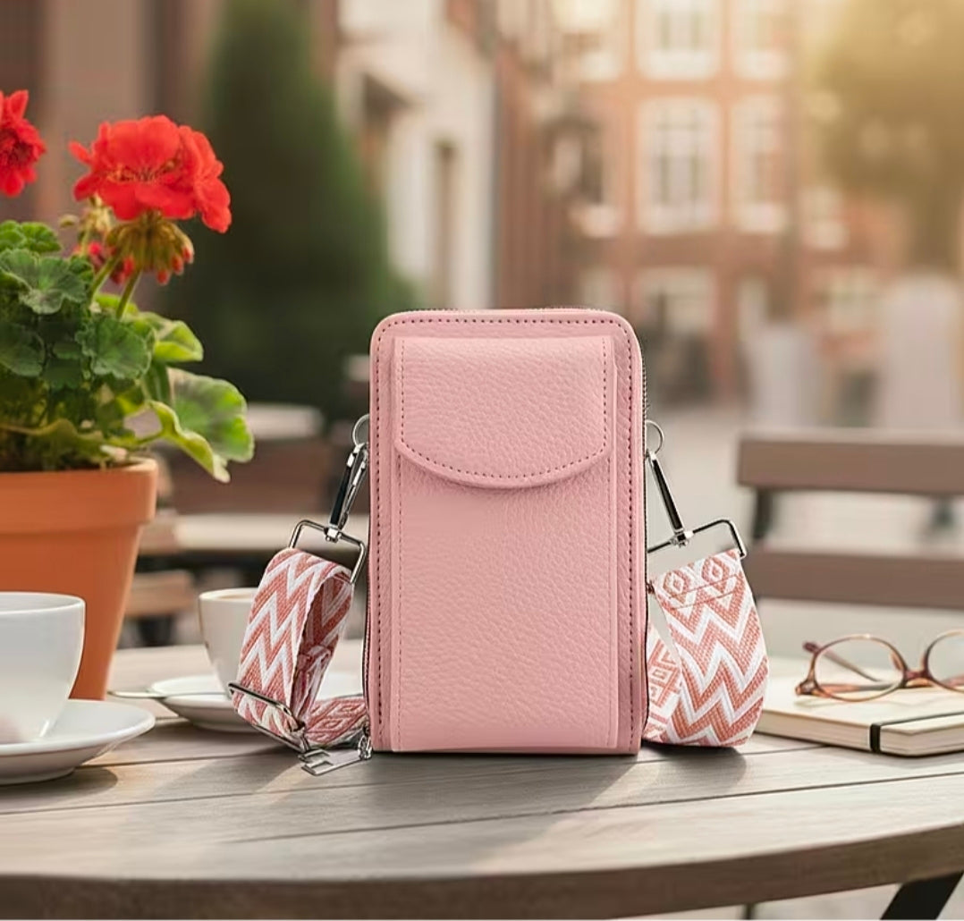 Pink Embossed Vegan Leather Crossbody Bag with Woven Shoulder Strap