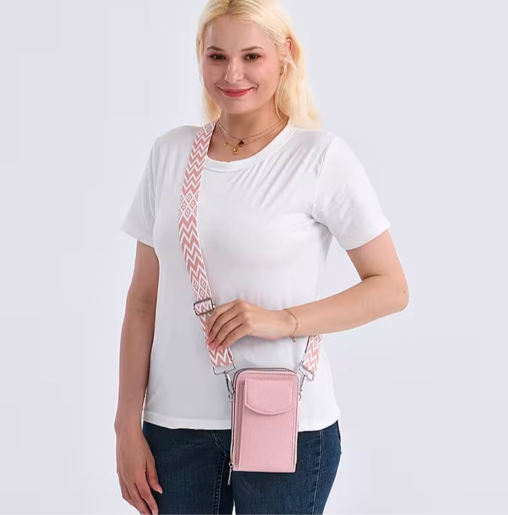 Pink Embossed Vegan Leather Crossbody Bag with Woven Shoulder Strap