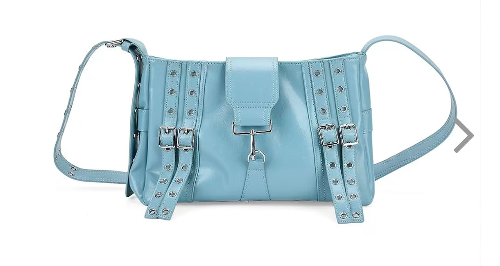 Blue Vegan Leather Crossbody Bag with Buckled